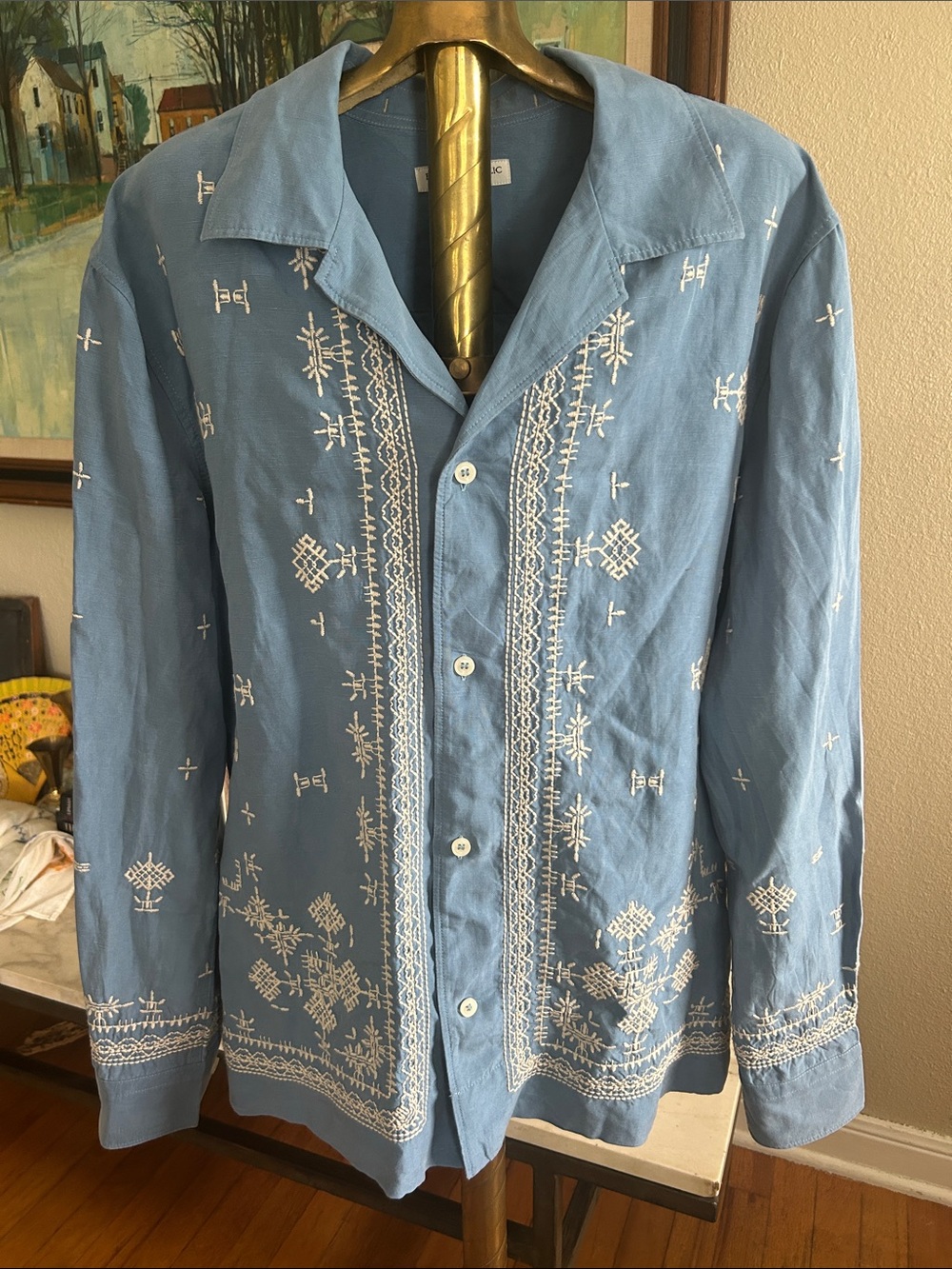 Men's Blue Embroidered Tencel Long-Sleeve Shirt